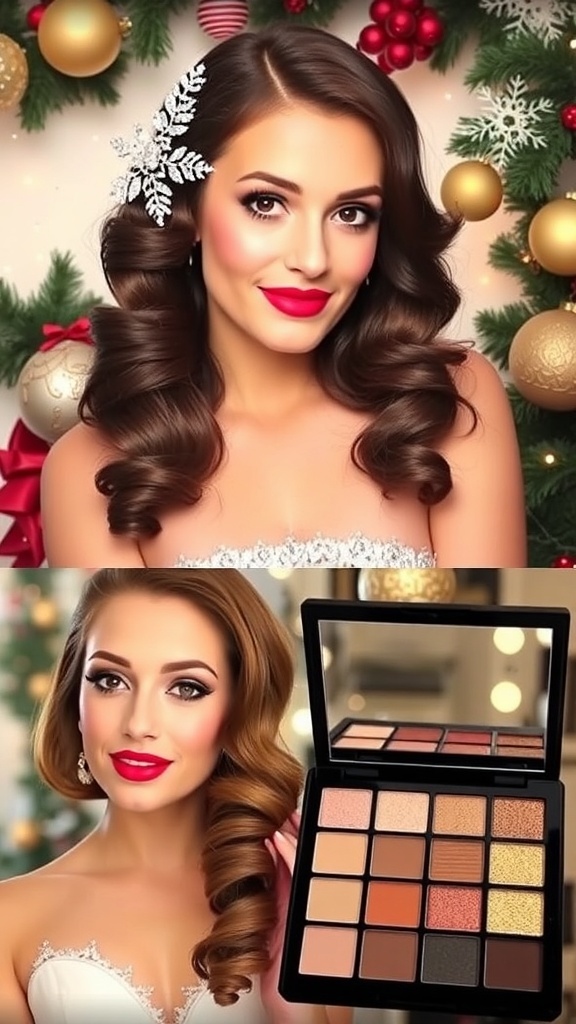 A model showcasing Christmas hairstyles and makeup, featuring curls and festive makeup, with holiday decorations in the background.